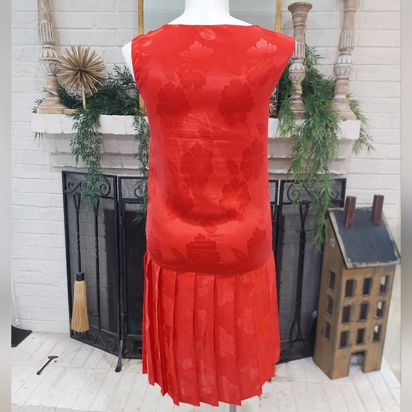 80s Red Jacquard Mod 2 Pc Dress And Jacket Women's Sz L Vintage Pleated Detail - Picture 6 of 8